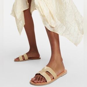 Ancient Greek Kentima Leather Metallic Embroidered Flat Slide Sandals NWT